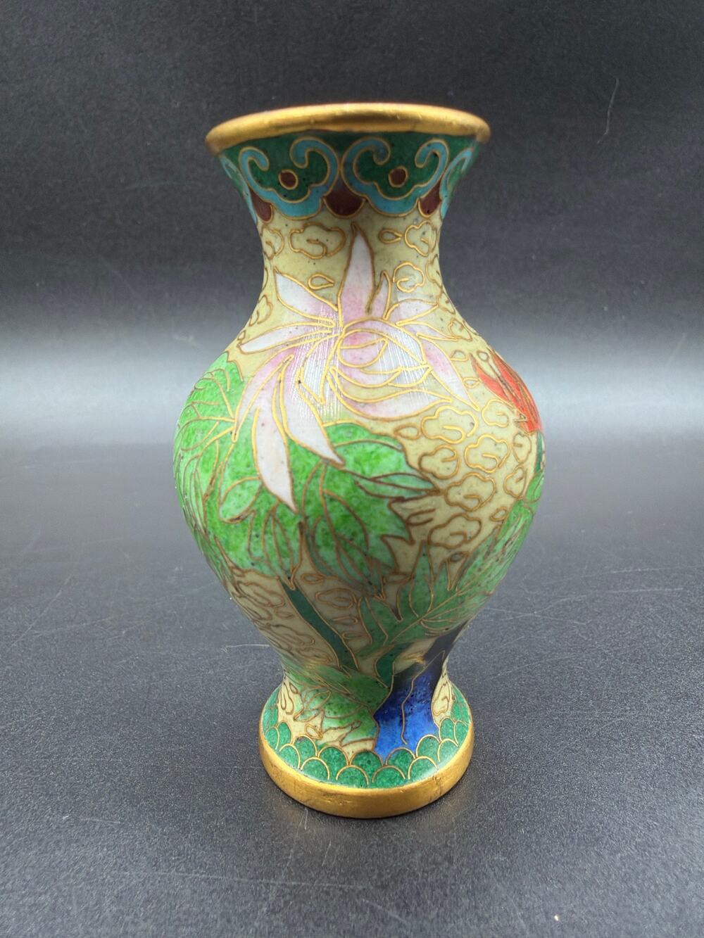 Vintage Miniature Cloisonne Vase 3” Floral Enamel Brass Asian Decor
